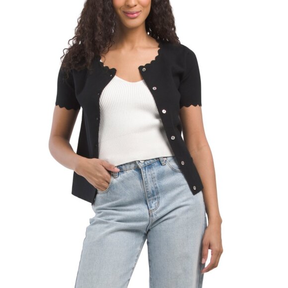 ELIE TAHARI NOIR Short Sleeve Scalloped Button Down Cardigan